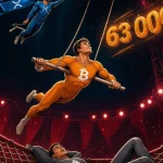 Three trapeze acrobats depicting Bitcoin $63,000 reclaimed, XRP leading and Ether left on the safety net