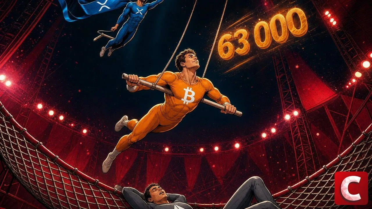 Trois trapézistes représentant Bitcoin 63 000 $ regagné, XRP en tête et Ether au sol