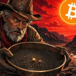 Bitcoin illustrated by a lone prospector holding a nearly empty pan by a dry river