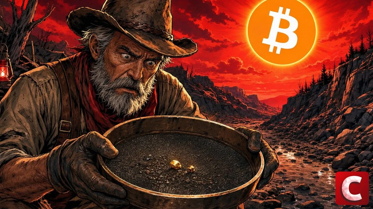 Bitcoin illustré par un prospecteur solitaire tenant un tamis presque vide au bord d'une rivière asséchée