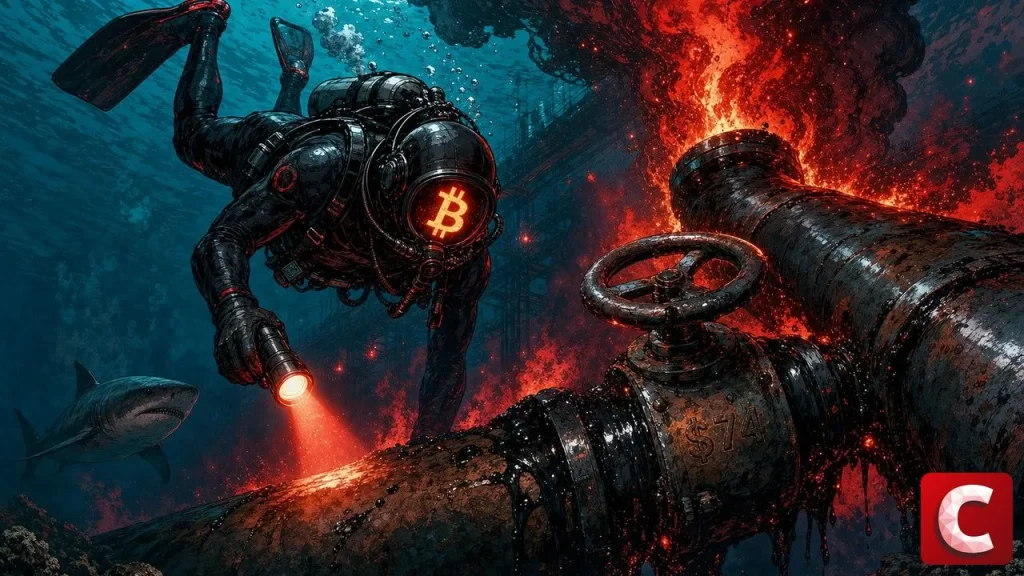 Bitcoin Hormuz scene shows a diver descending along a burning underwater pipeline near a shark