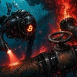 Bitcoin Hormuz scene shows a diver descending along a burning underwater pipeline near a shark