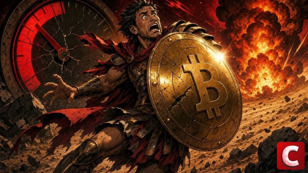 Bitcoin retombe illustré par un gladiateur au bouclier Bitcoin fissuré face à une explosion