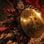 Bitcoin retombe illustré par un gladiateur au bouclier Bitcoin fissuré face à une explosion