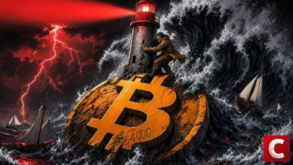 Bitcoin tient sur une pièce géante orange dans une tempête boursière