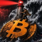 Bitcoin tient sur une pièce géante orange dans une tempête boursière