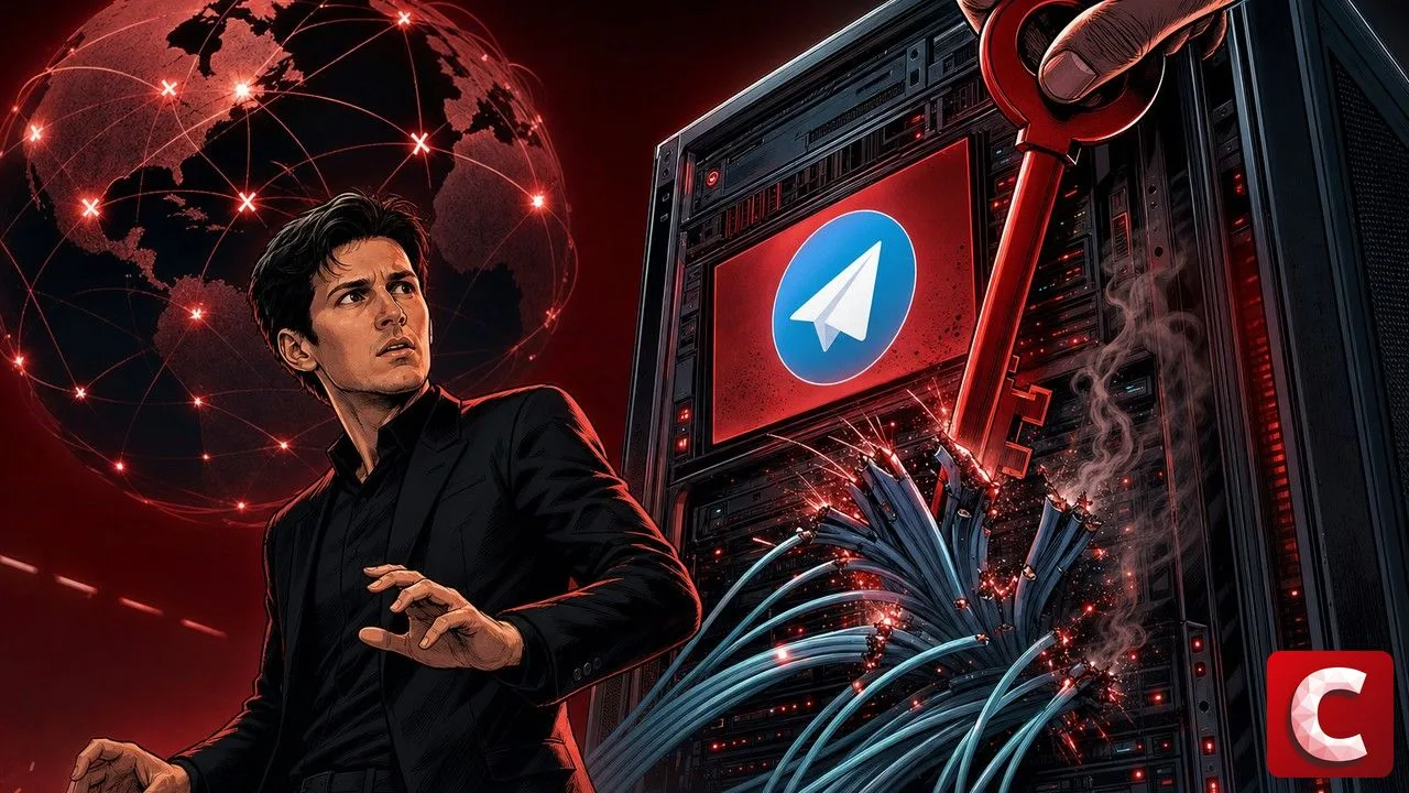 Telegram t.me domain suspended, DNS server rack with cut fiber cables and Telegram logo