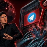 Domaine t.me suspendu, rack serveur DNS avec logo Telegram et cables tranches