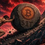 Bitcoin Cycle scene depicting a modern Sisyphus pushing a $1T rock up a steep hill