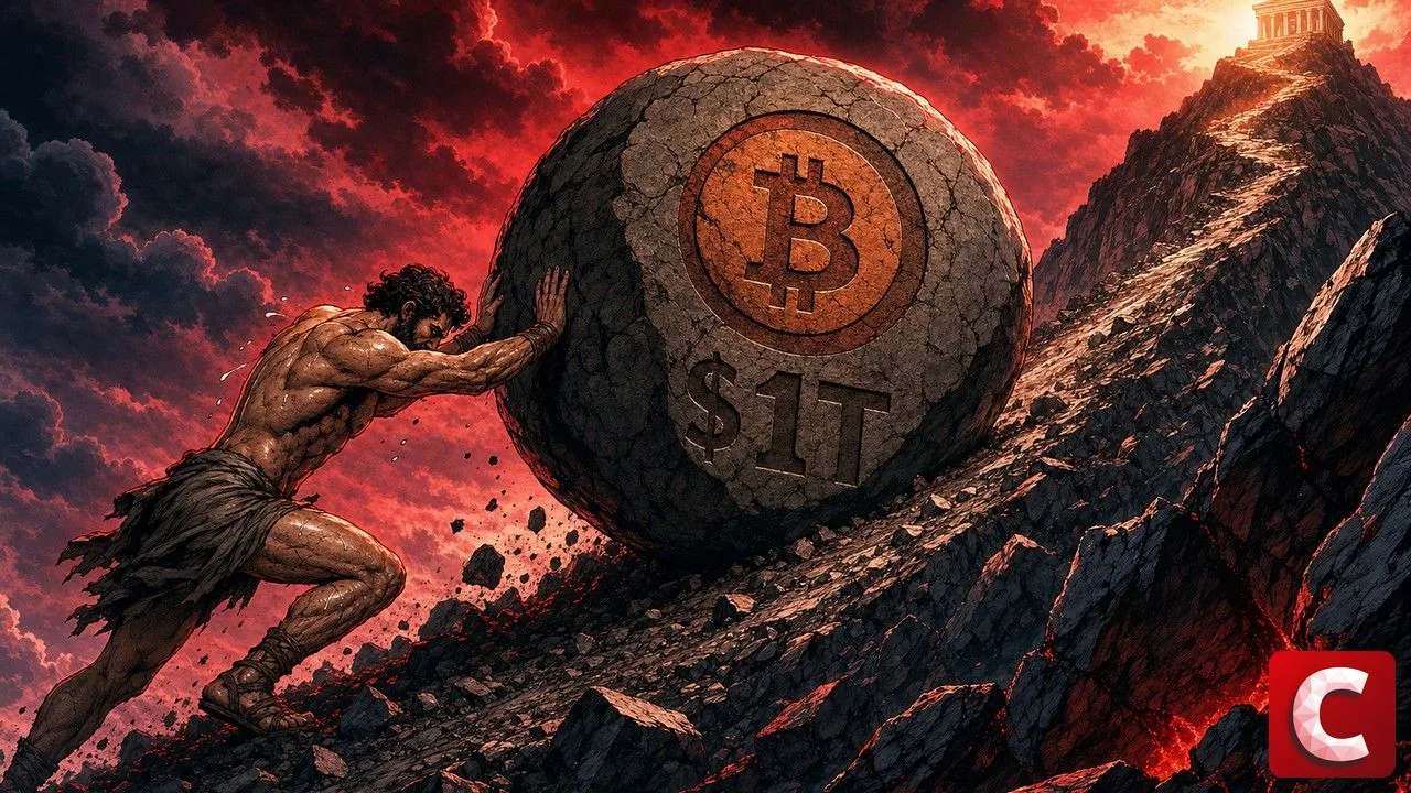 Bitcoin cycle représenté par un Sisyphe moderne poussant un rocher marqué 1T$ vers un sommet