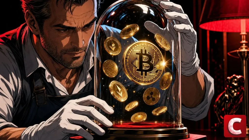 Spot crypto ETF shown as a jeweler placing crypto coins under a sealed glass dome