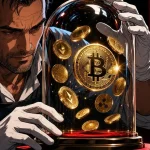 Spot crypto ETF shown as a jeweler placing crypto coins under a sealed glass dome