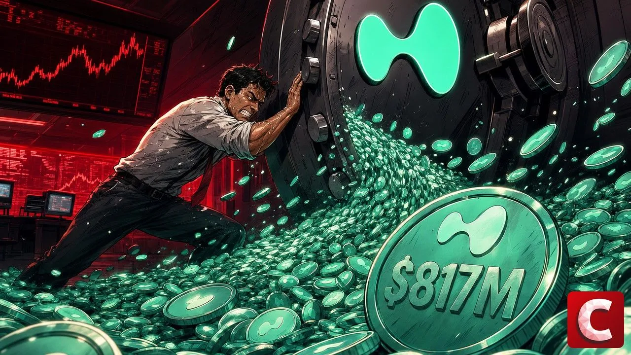 Hyperliquid vault bursting open and flooding a trading floor with HYPE coins