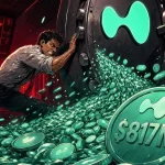 Coffre-fort Hyperliquid qui cède et déverse un torrent de pièces HYPE sur un parquet