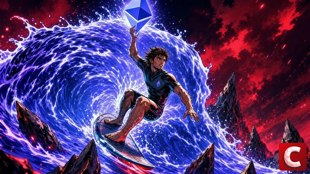Liquid staking illustre par un surfeur brandissant un logo Ethereum sur une vague de lumiere