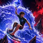 Liquid staking illustre par un surfeur brandissant un logo Ethereum sur une vague de lumiere