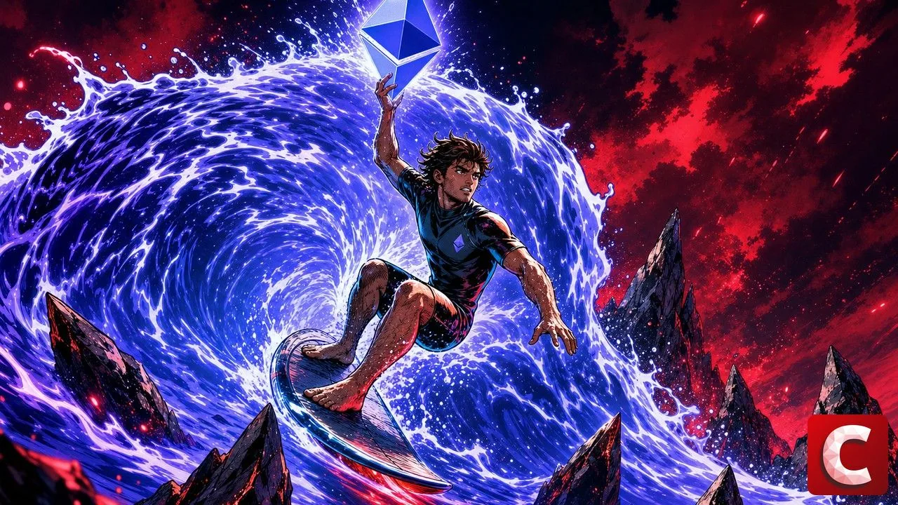 Liquid staking illustre par un surfeur brandissant un logo Ethereum sur une vague de lumiere