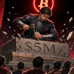 Reg Crypto scene shows a modern armored scribe carving a stone tablet under a glowing Bitcoin halo