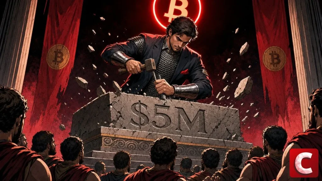 Reg Crypto scène montre un scribe en armure moderne gravant une tablette de pierre sous une auréole Bitcoin