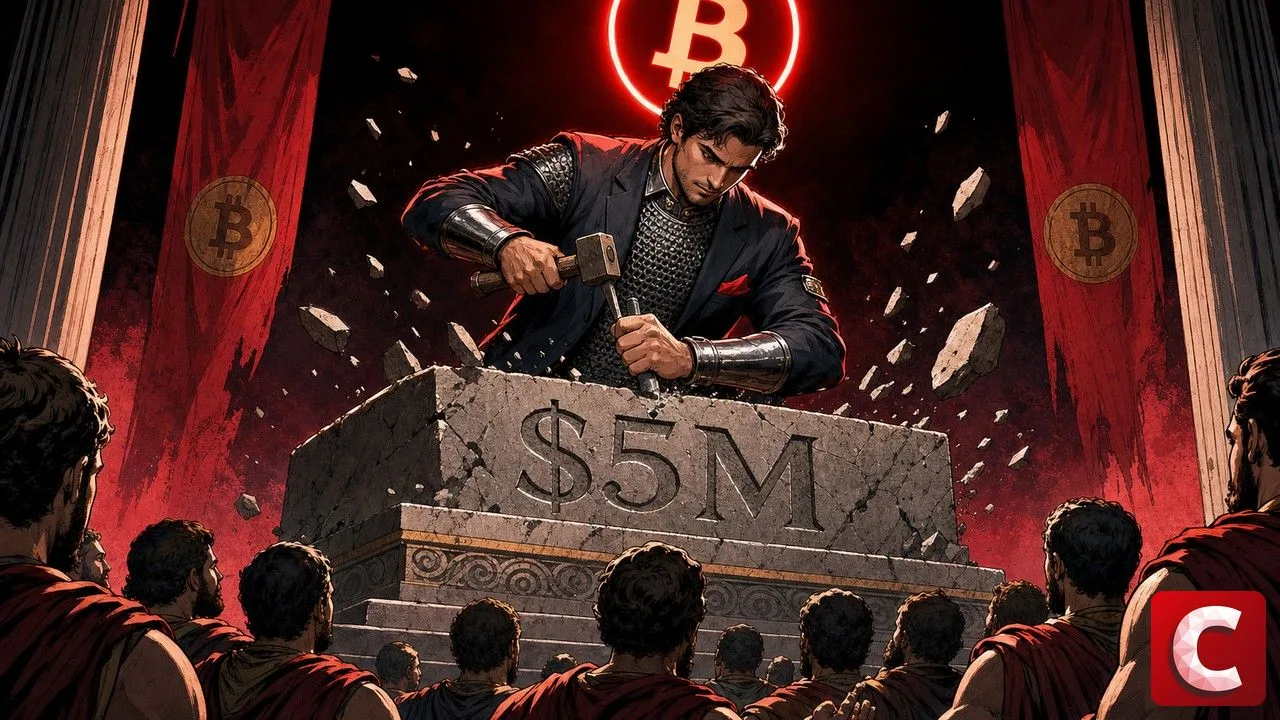 Reg Crypto scène montre un scribe en armure moderne gravant une tablette de pierre sous une auréole Bitcoin