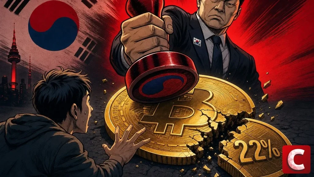 Taxe crypto sud-coréenne symbolisée par un sceau officiel frappant une pièce Bitcoin dorée