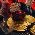 Taxe crypto sud-coréenne symbolisée par un sceau officiel frappant une pièce Bitcoin dorée