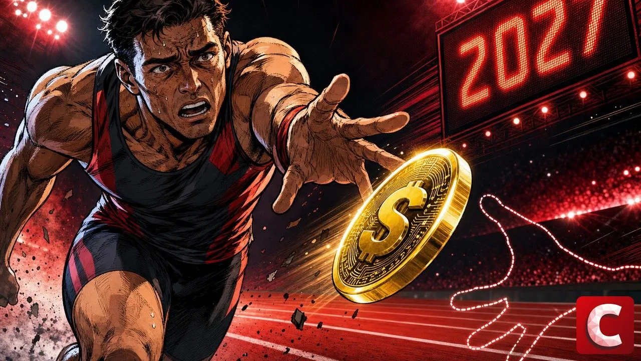 GENIUS Act illustré par un témoin de relais dollar qui tombe faute de main