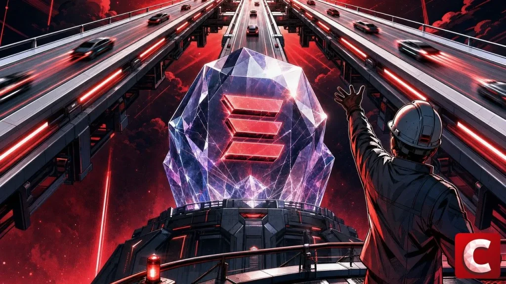 Ethereum Layer 2 illustrated, an Ethereum crystal base with three elevated highways above it