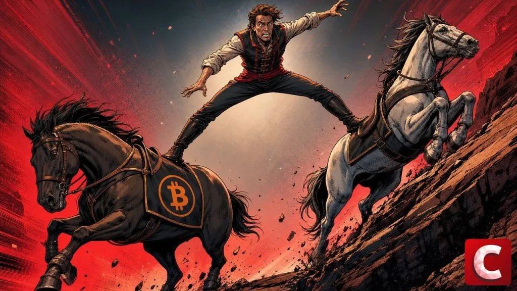 Crypto market split shown as a rider straddling two horses pulling apart