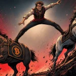 Le marché crypto illustré par un cavalier écartelé entre deux chevaux opposés