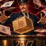 Swift Blockchain routed by a vintage post office clerk sending payments to 17 global banks