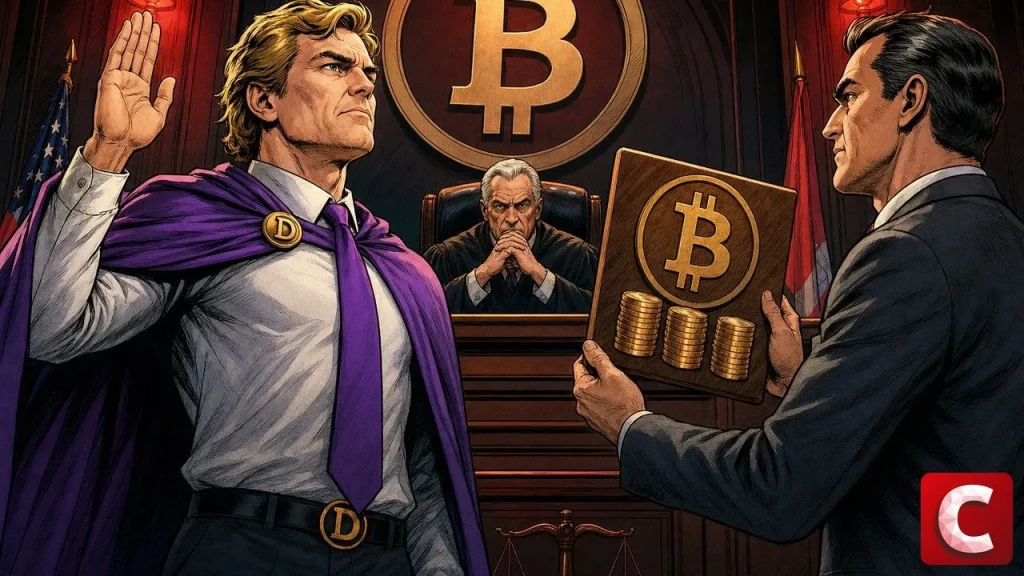 Tim Draper à la barre d'un tribunal comics face à une plaque 1 000 BTC brandie par un procureur