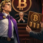 Tim Draper à la barre d'un tribunal comics face à une plaque 1 000 BTC brandie par un procureur