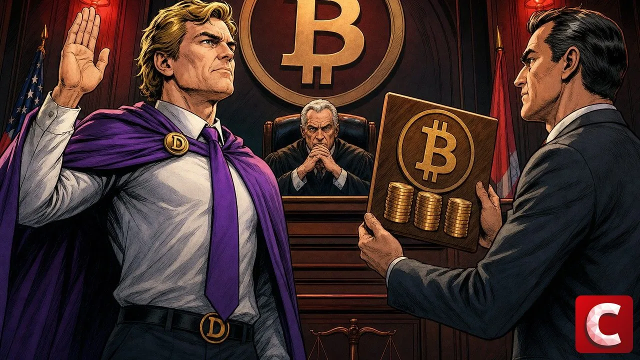 Tim Draper à la barre d'un tribunal comics face à une plaque 1 000 BTC brandie par un procureur