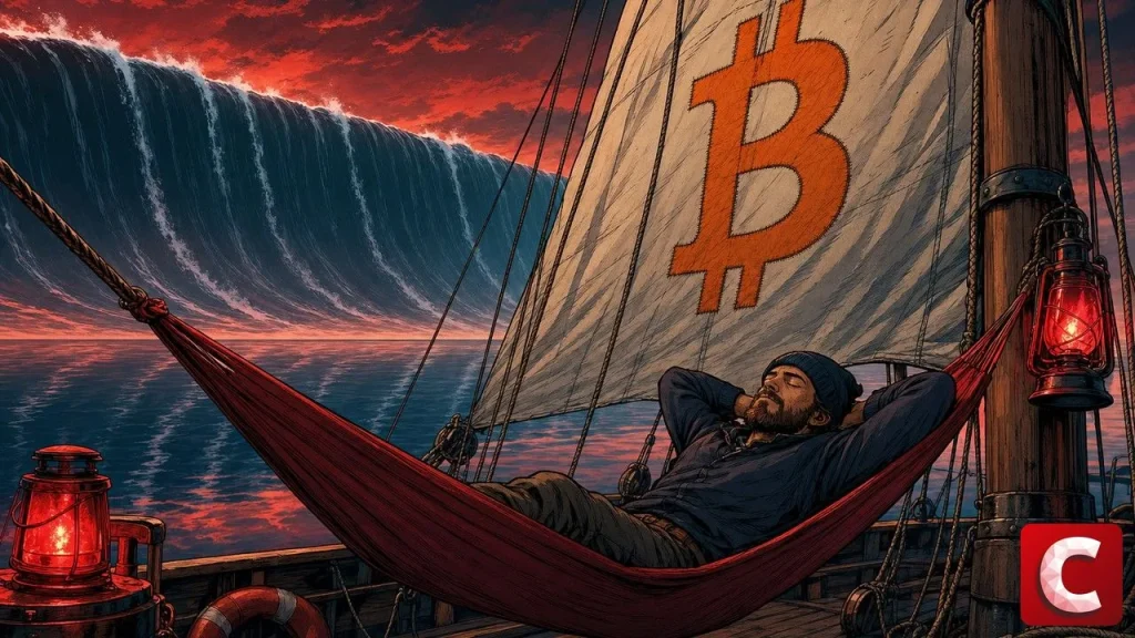 Bitcoin volatility calm before the storm, sailor asleep as a wave rises
