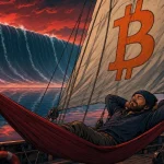 Bitcoin volatility calm before the storm, sailor asleep as a wave rises