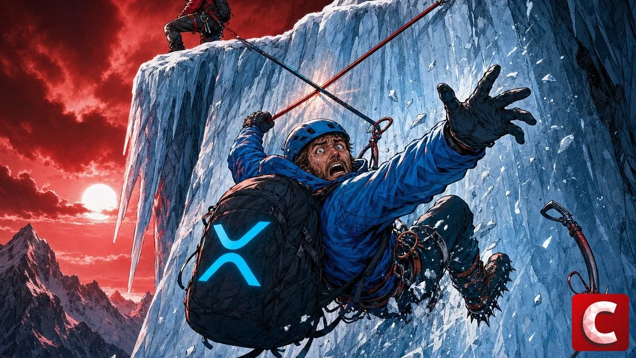 XRP death cross shown as a blue-clad climber falling from an ice wall