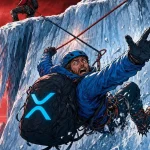 XRP death cross illustré par un alpiniste en tenue bleue chutant d'une paroi de glace