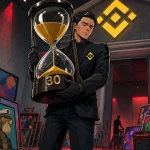 Fermeture de la marketplace NFT Binance illustrée par un sablier géant marqué 30 dans une galerie vidée