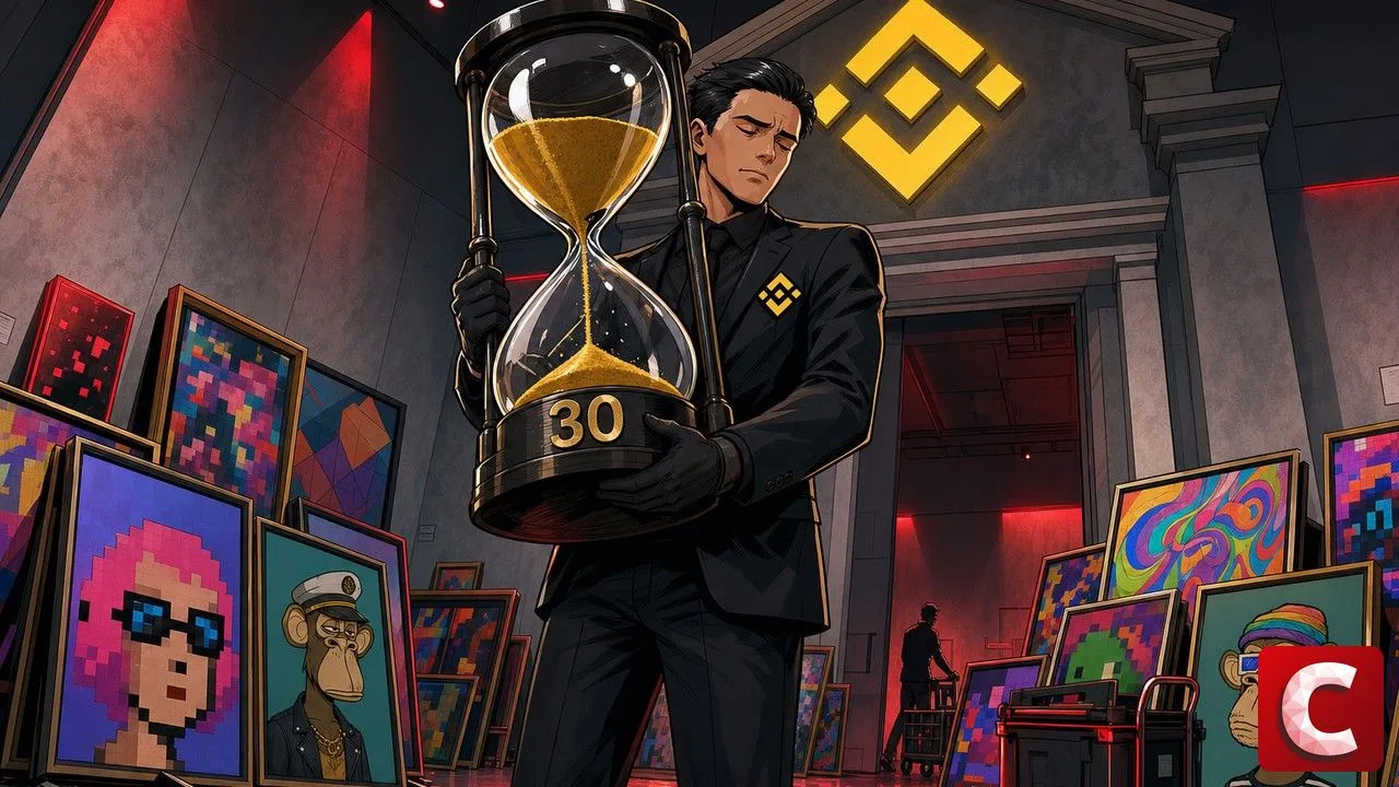 Binance NFT Marketplace shutdown scene with a giant hourglass marked 30 in an empty gallery