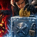 Coffre-fort givré protégeant un cold wallet crypto face à un smartphone en flammes