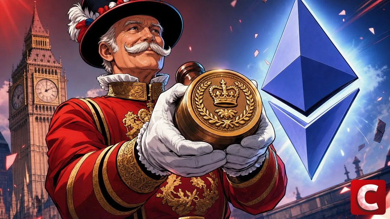 Fiscalité crypto UK : beefeater britannique tenant le tampon officiel d'avril 2027 devant Big Ben
