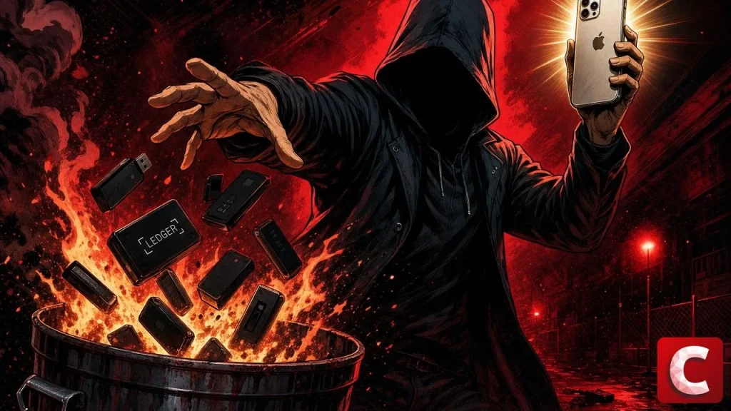 Hardware wallets tossed into a burning trash can by a hooded investigator holding an iPhone