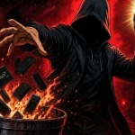 Hardware wallets jetés dans une poubelle en flammes par un enquêteur brandissant un iPhone