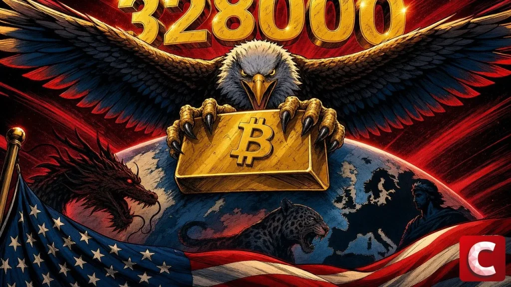 Réserves bitcoin US : aigle américain géant serrant un lingot Bitcoin dominant le globe