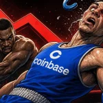 Coinbase stock stumbles shown as a boxer reeling backward under a heavy uppercut blow