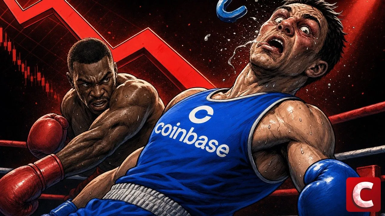 Coinbase encaisse un revers boursier illustré par un boxeur qui bascule sous un uppercut