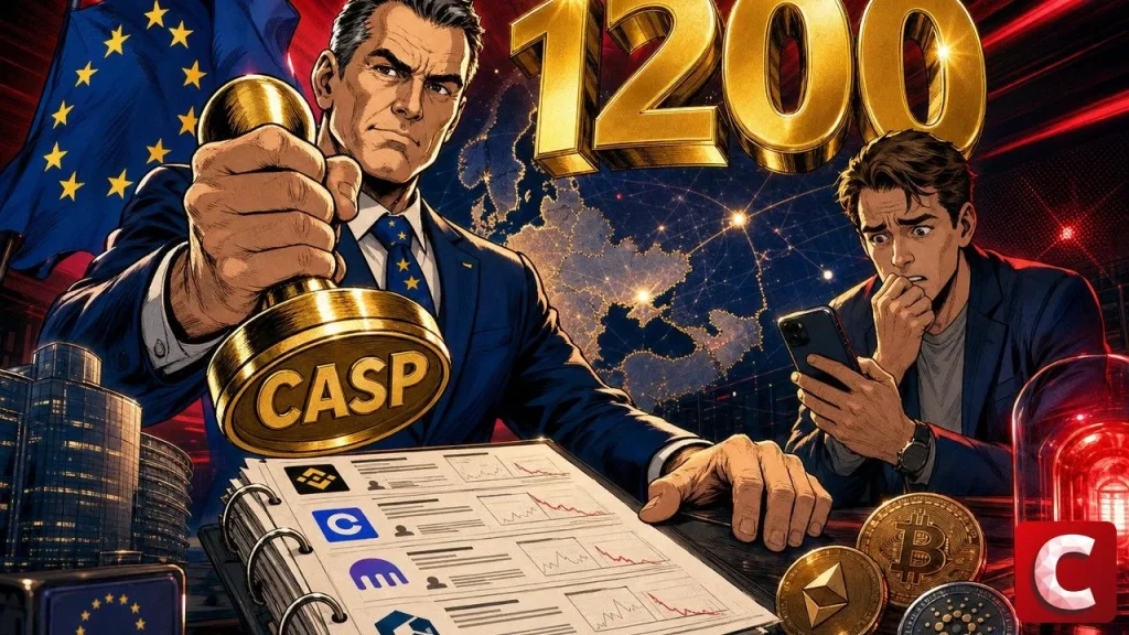 Règlement MiCA visualisé par un fonctionnaire européen tamponnant CASP sur un dossier crypto