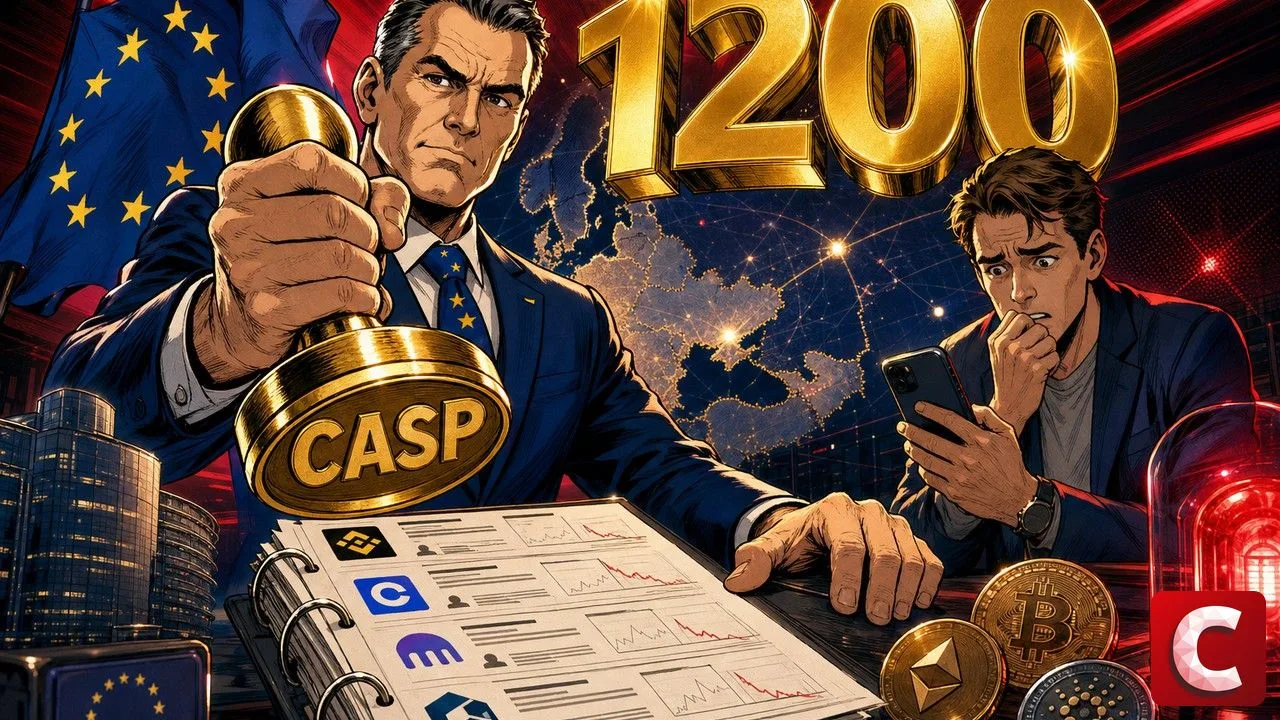 Règlement MiCA visualisé par un fonctionnaire européen tamponnant CASP sur un dossier crypto