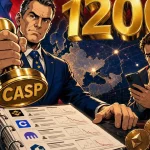 MiCA Regulation stamped as CASP approval on a crypto platform folder under EU flag